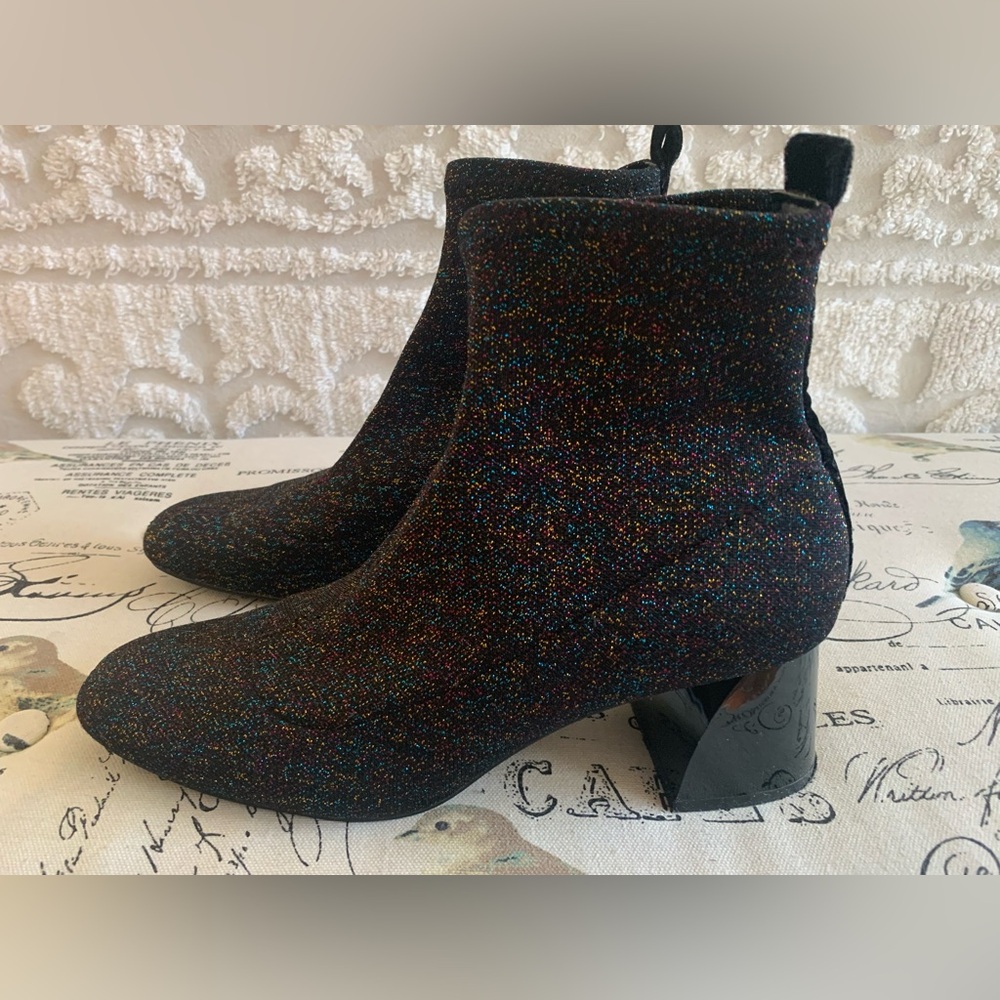 Zara Trafaluc Booties: Black Fabric w/Multicolor Sparkle, Sock-Style Pull-On, 40